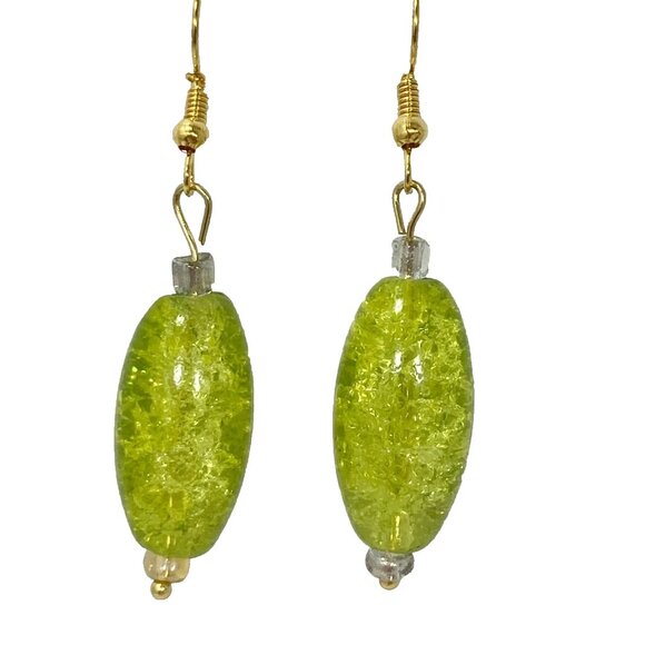 Murano Style Art Glass Bead Earrings Lime Green Gold Plated Crackled Glass Balls - Picture 3 of 6